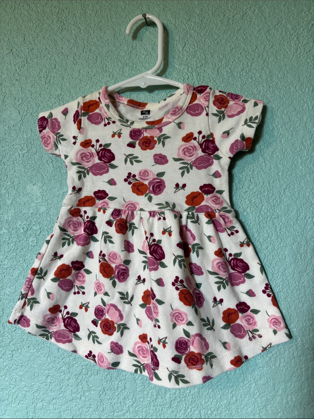 HB Baby Girls' Floral Short-Sleeve Dress, White with Pink & Rose Print 0-3 mos